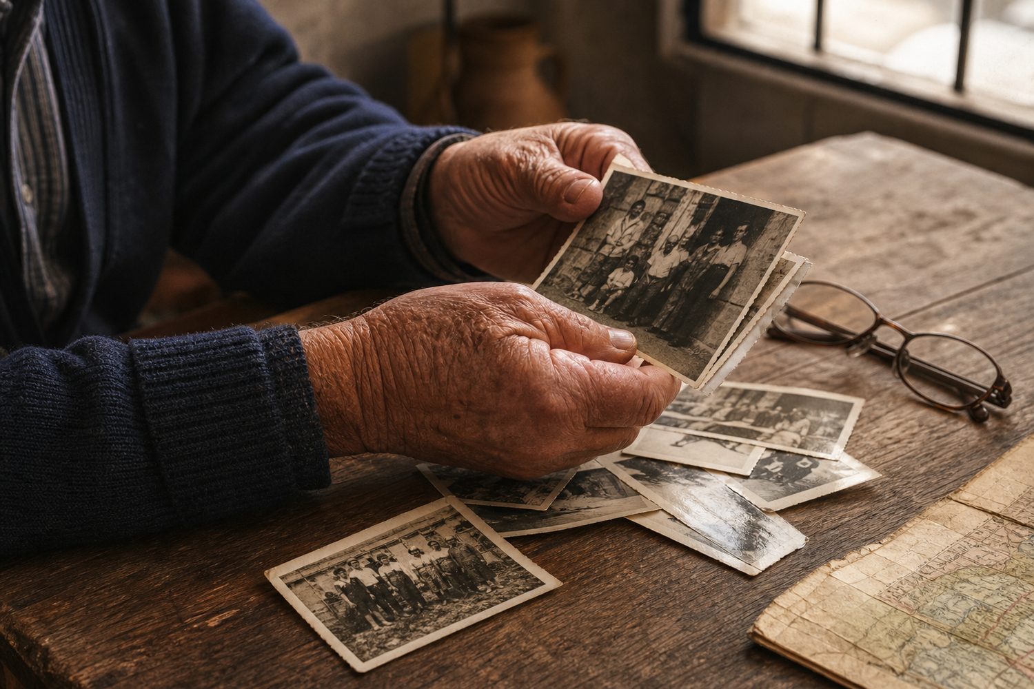 Mani che osservano fotografie di famiglia
